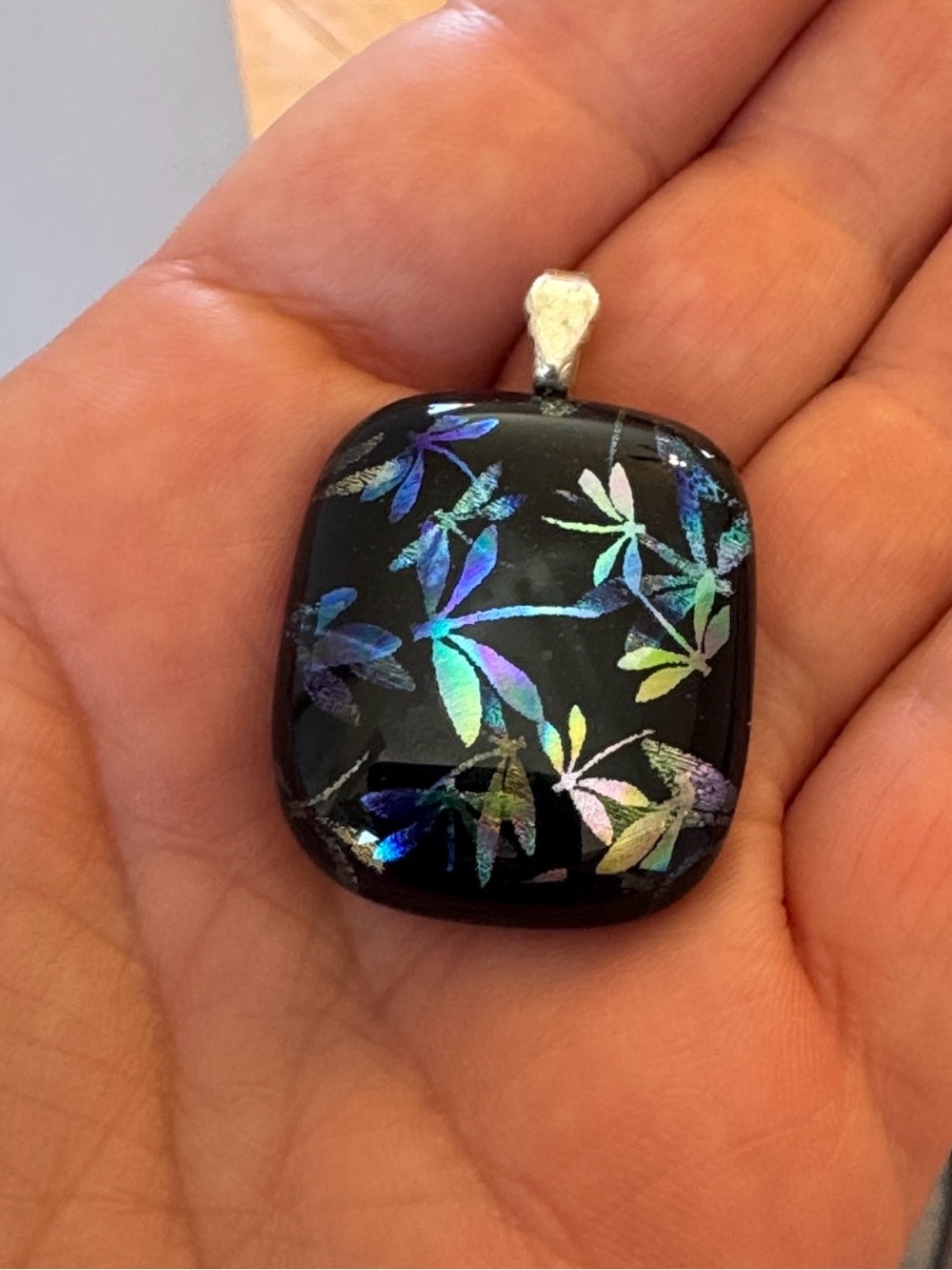 Dichroic Glass Pendant - Black with Iridescent Blue-Green dragonflies